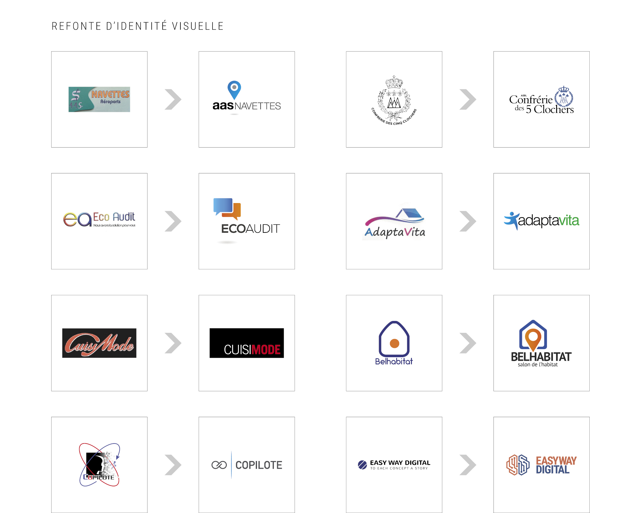 Refonte / Identite visuelle de AAS Navette, Confrérie des 5 clochets, Eco Audit, Adaptavita, Cuisimode, Belhabitat, Copilote, Easyway Digital